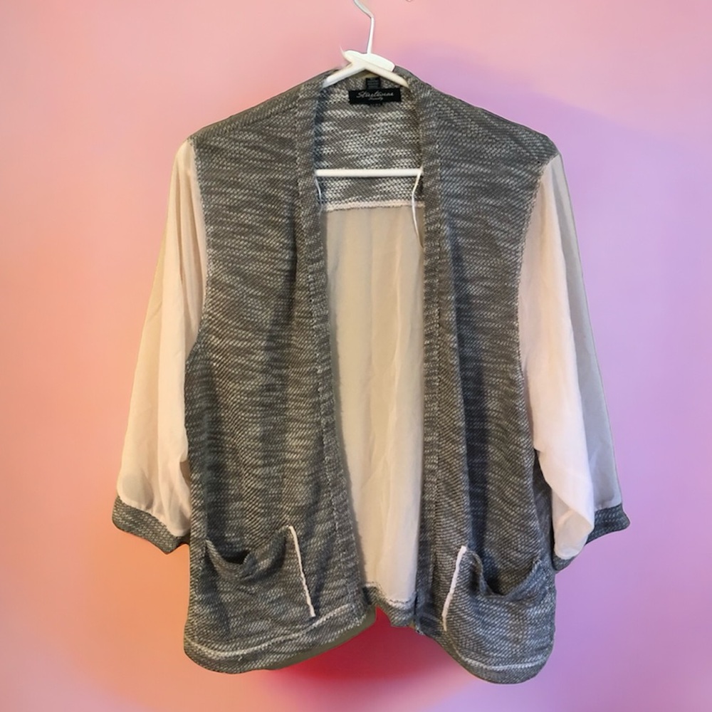 Gray & Pink Sheer Sleeve Cardigan Blouse Top